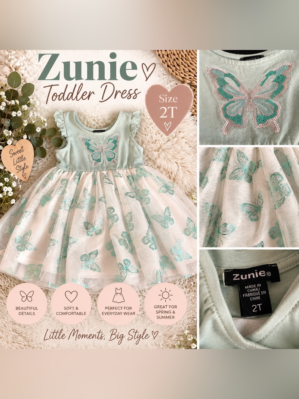 Zunie Girls 2T Mint Green Butterfly Sequin Tulle Dress